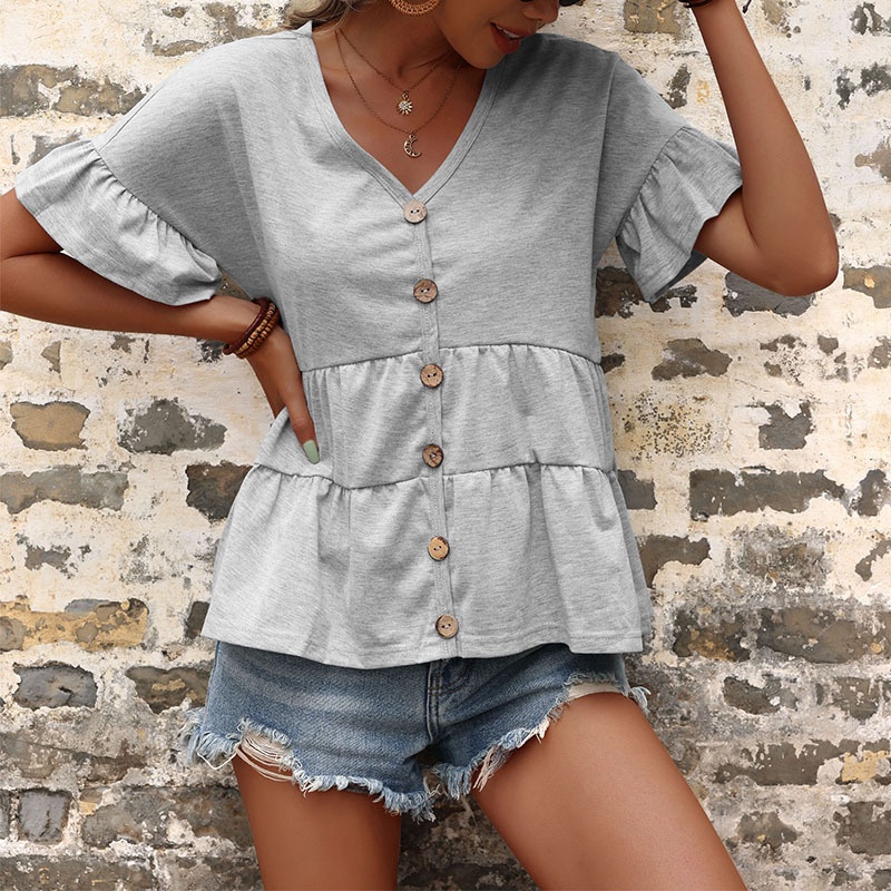 Light Grey Ruffle Sleeve V-Neck Button Tiered Peplum Top