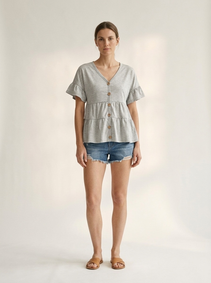 Light Grey Ruffle Sleeve V-Neck Button Tiered Peplum Top