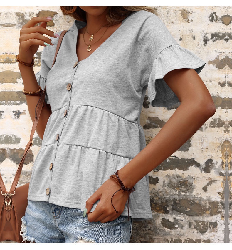 Light Grey Ruffle Sleeve V-Neck Button Tiered Peplum Top