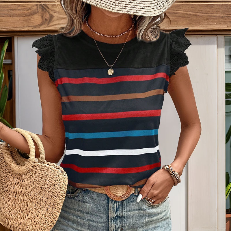 Women's Striped Ruffle Sleeve Tee - Casual Summer Top