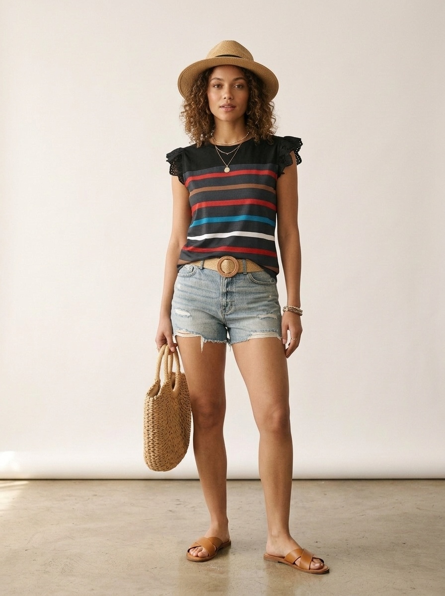 Women's Striped Ruffle Sleeve Tee - Casual Summer Top