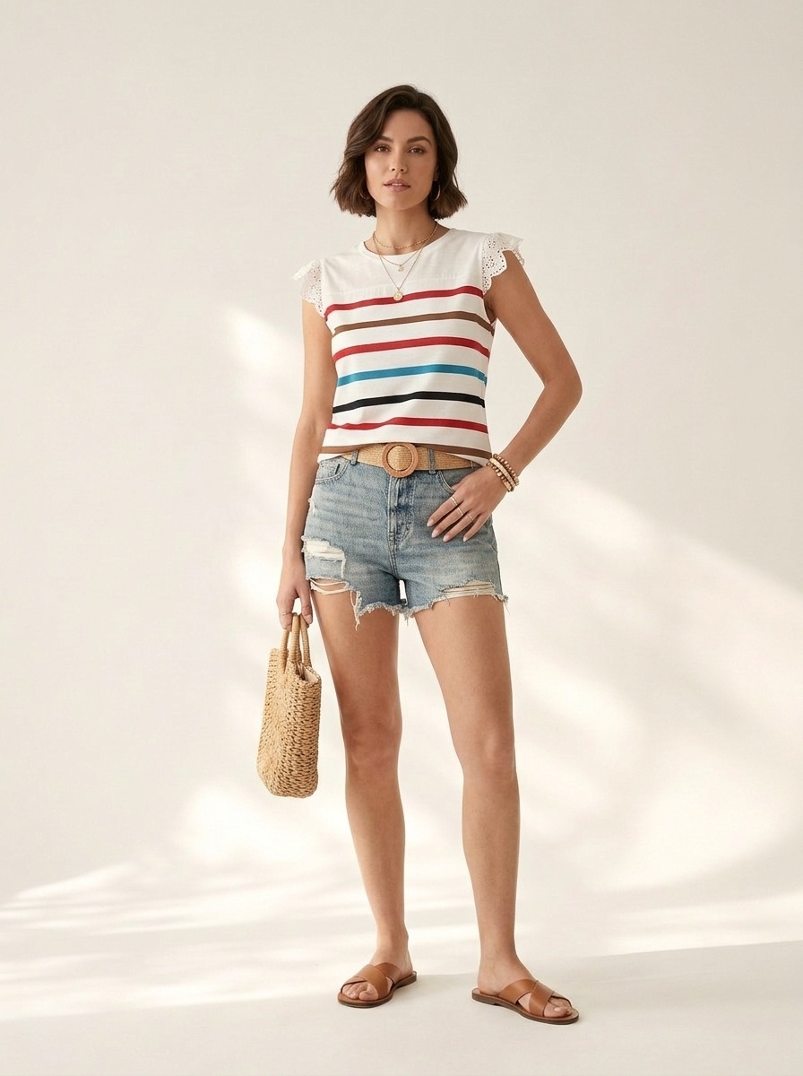 Women's Striped Ruffle Sleeve Tee - Casual Summer Top