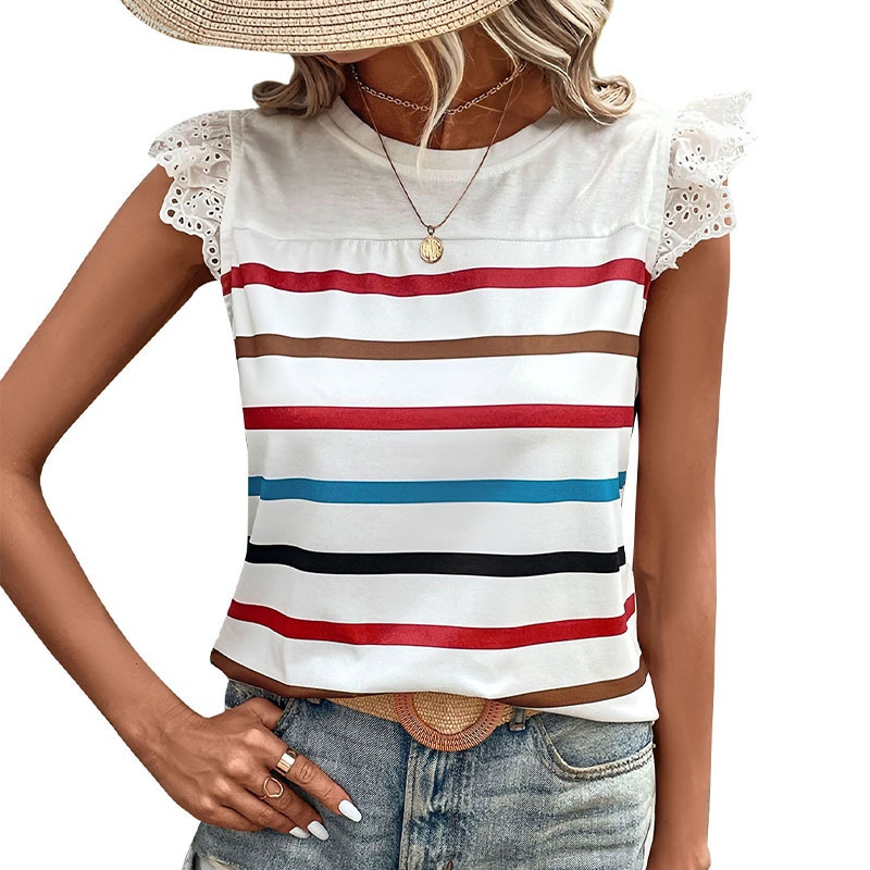 Women's Striped Ruffle Sleeve Tee - Casual Summer Top