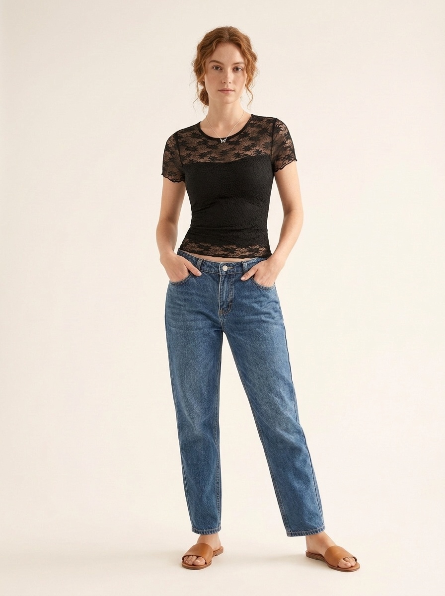 Black Sheer Lace Short Sleeve Top - Slim Fit