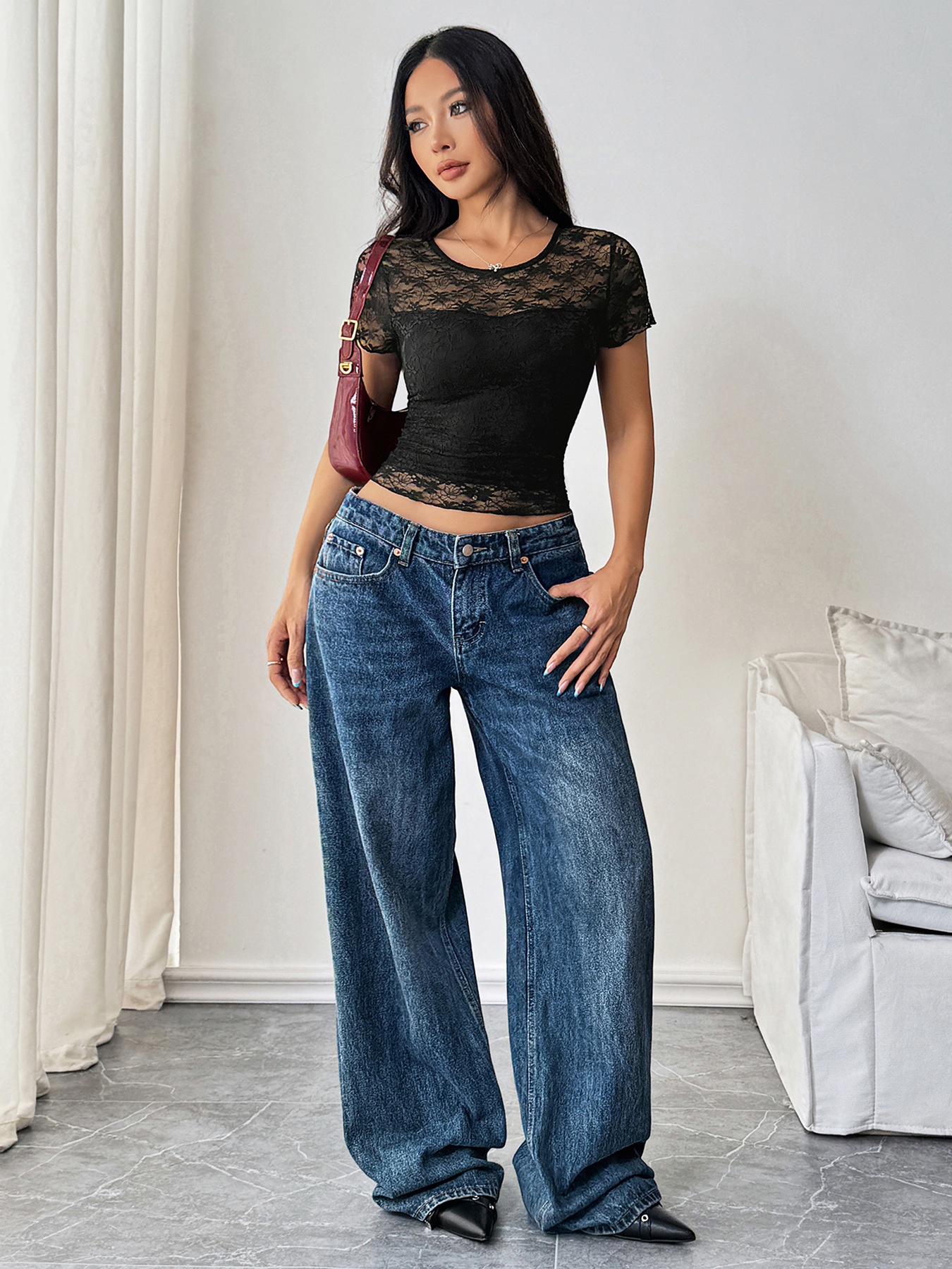 Black Sheer Lace Short Sleeve Top - Slim Fit