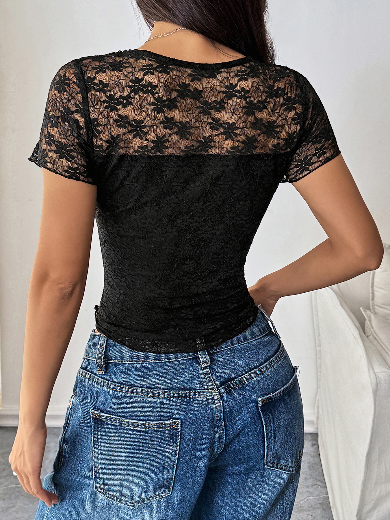 Black Sheer Lace Short Sleeve Top - Slim Fit