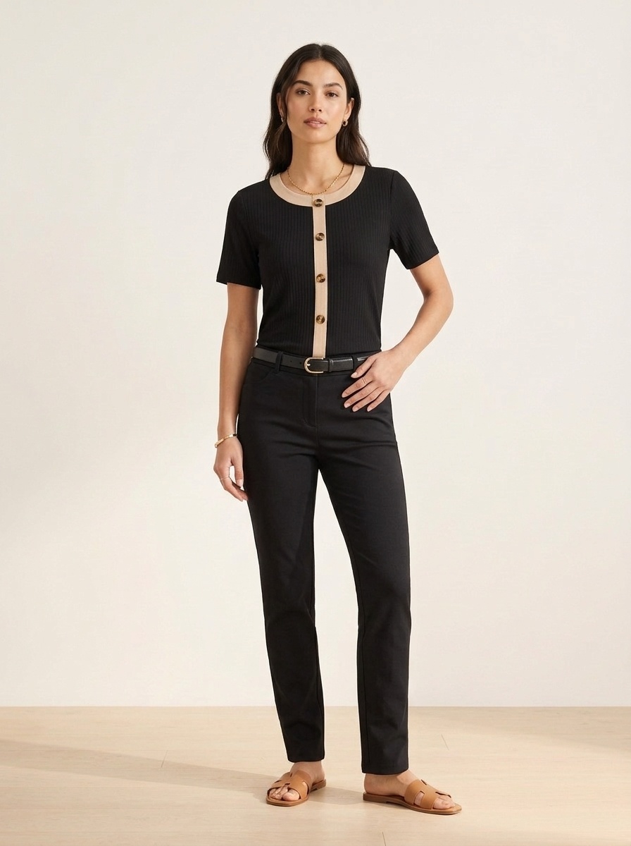 Ribbed Knit Short Sleeve Button Front Contrast Top