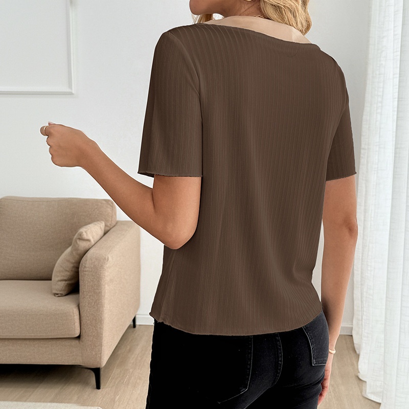 Ribbed Knit Short Sleeve Button Front Contrast Top