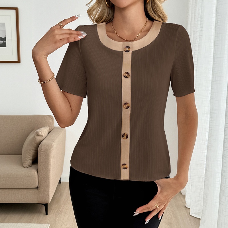 Ribbed Knit Short Sleeve Button Front Contrast Top