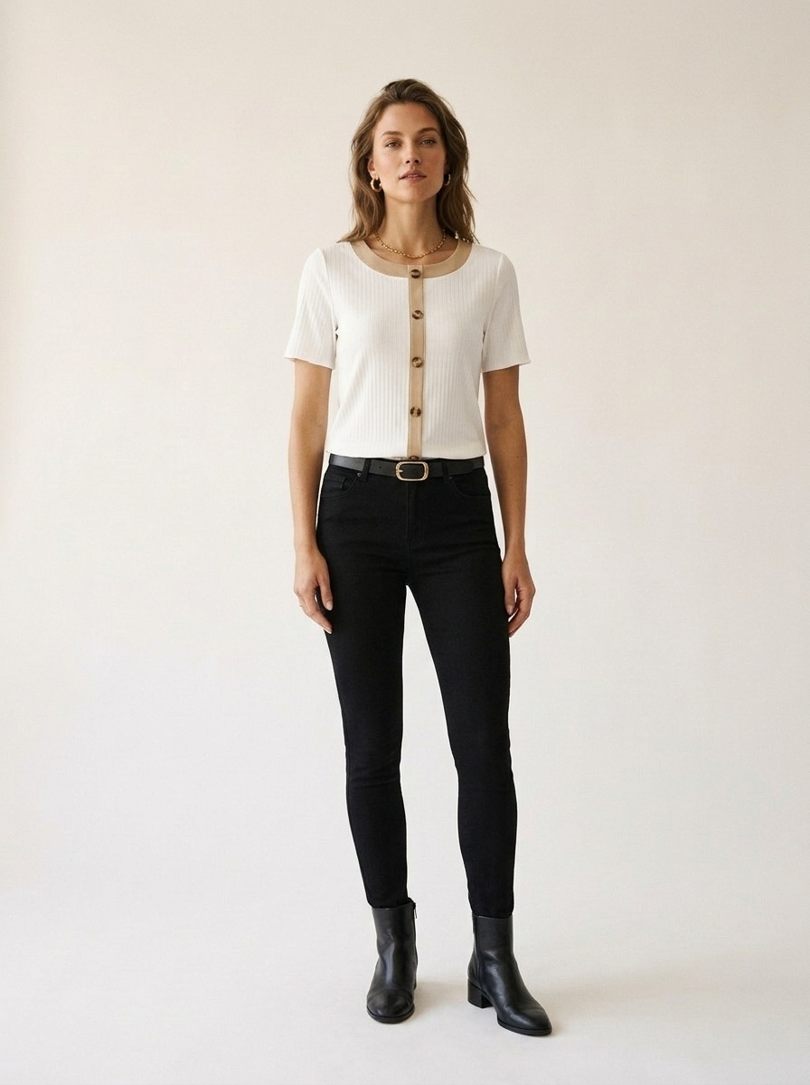 Ribbed Knit Short Sleeve Button Front Contrast Top