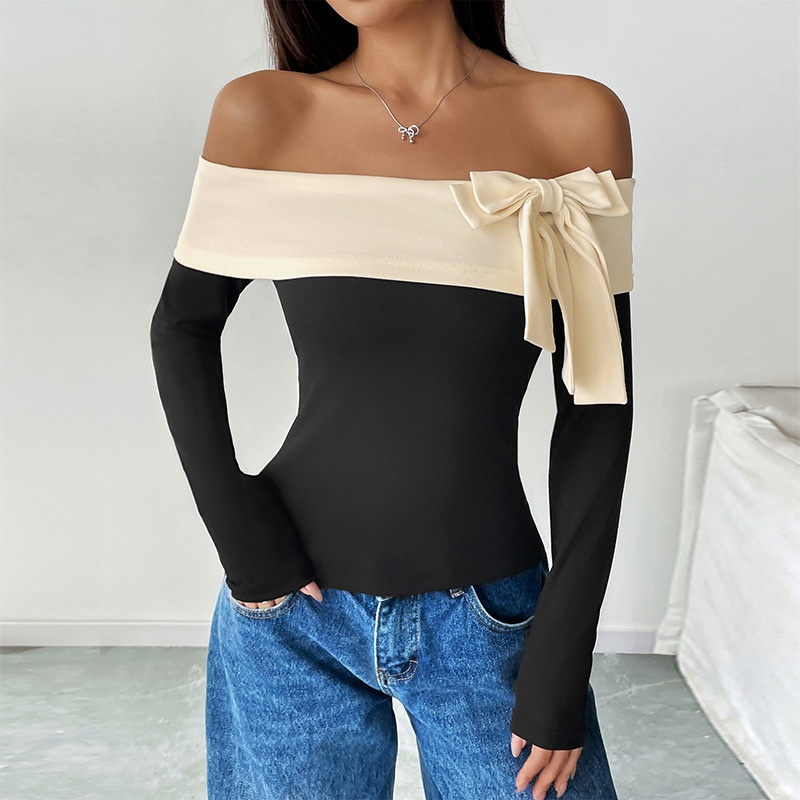 Chic Off-Shoulder Bow Long Sleeve Color Block Top