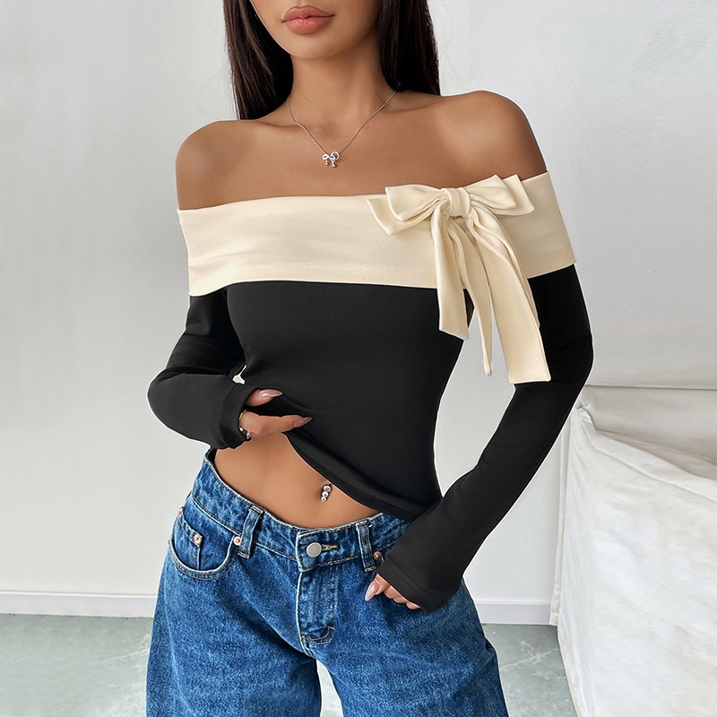 Chic Off-Shoulder Bow Long Sleeve Color Block Top
