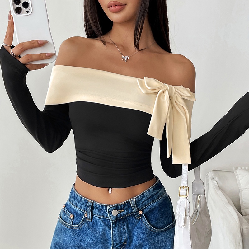 Chic Off-Shoulder Bow Long Sleeve Color Block Top