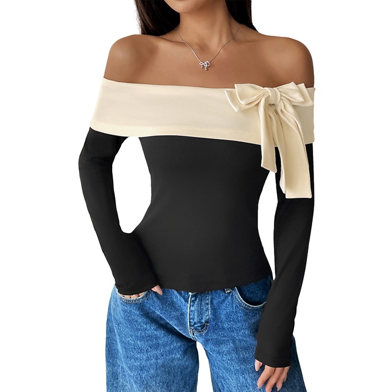 Chic Off-Shoulder Bow Long Sleeve Color Block Top
