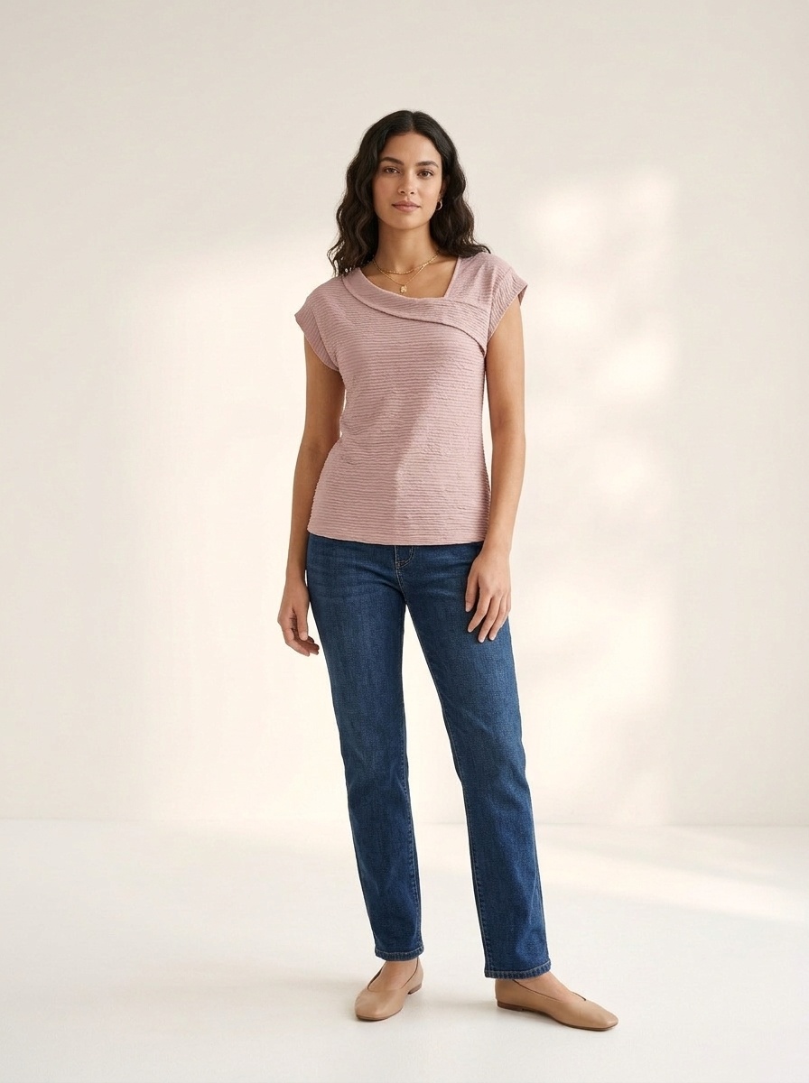 Textured Asymmetrical Neck Cap Sleeve Knit Top