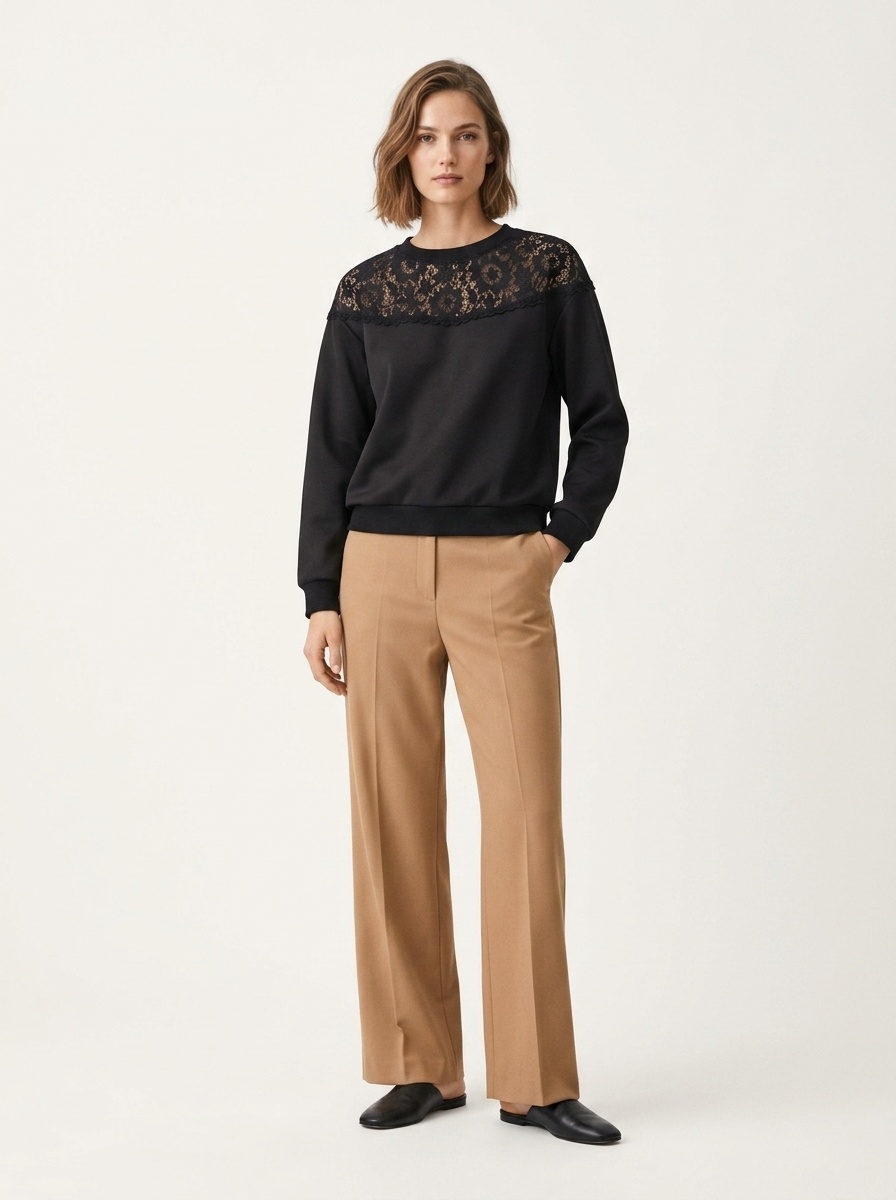 Women's Lace Patchwork Long Sleeve Sweatshirt in Black