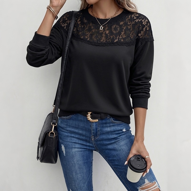 Women's Lace Patchwork Long Sleeve Sweatshirt in Black