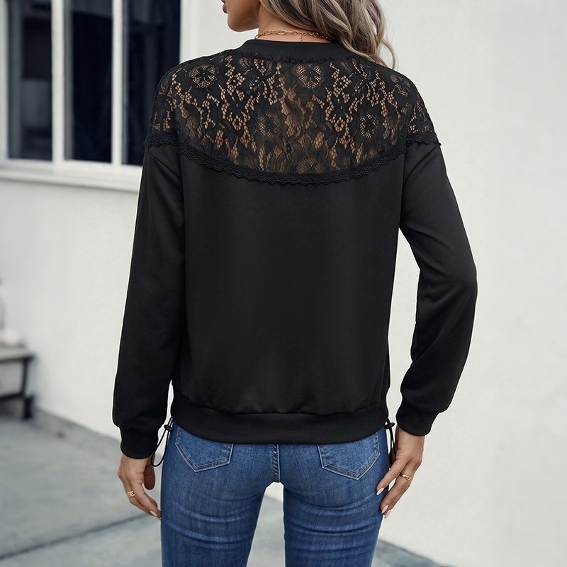 Women's Lace Patchwork Long Sleeve Sweatshirt in Black