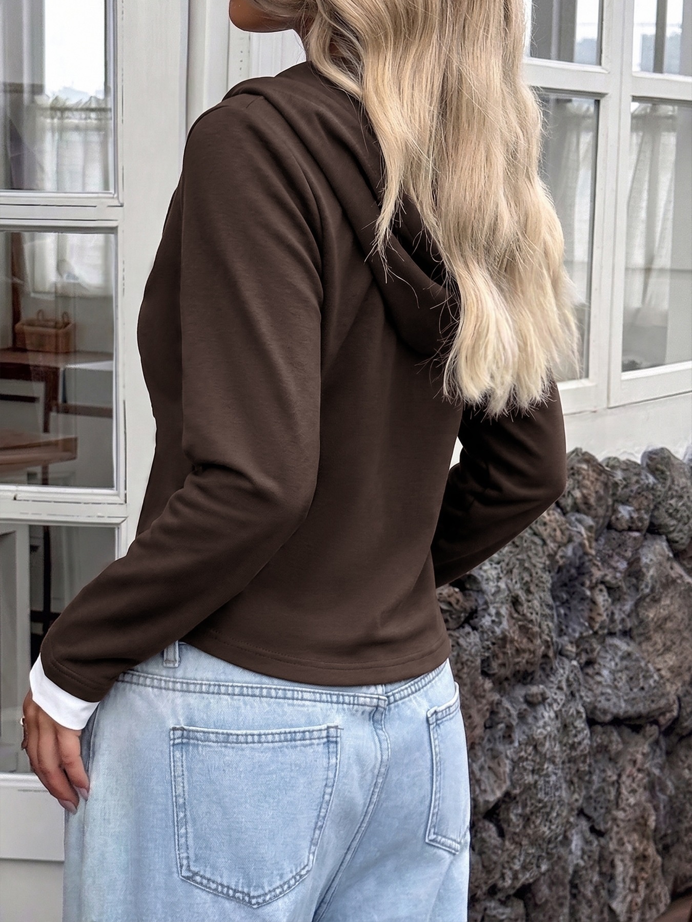 Women's Layered Look Button Henley Hoodie Top
