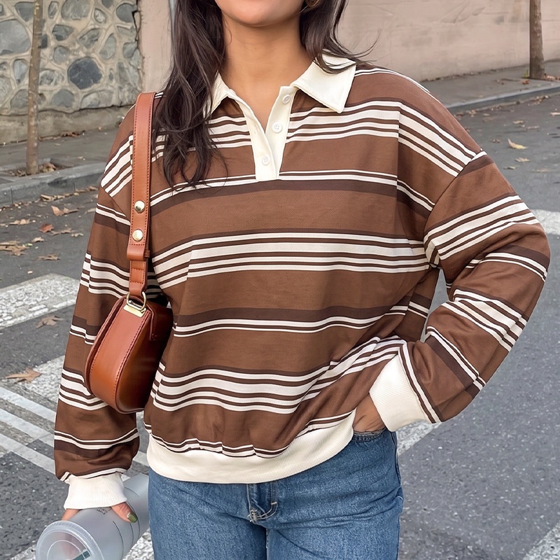 Brown Striped Polo Collar Sweatshirt