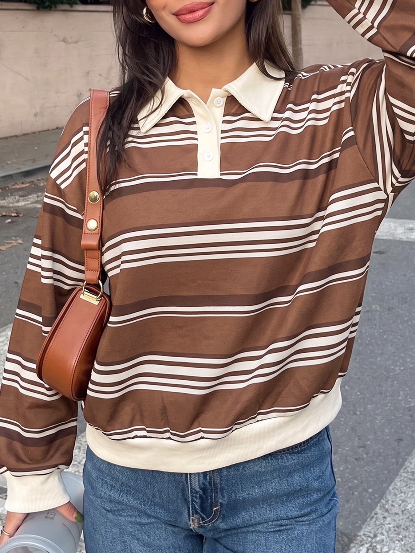 Brown Striped Polo Collar Sweatshirt
