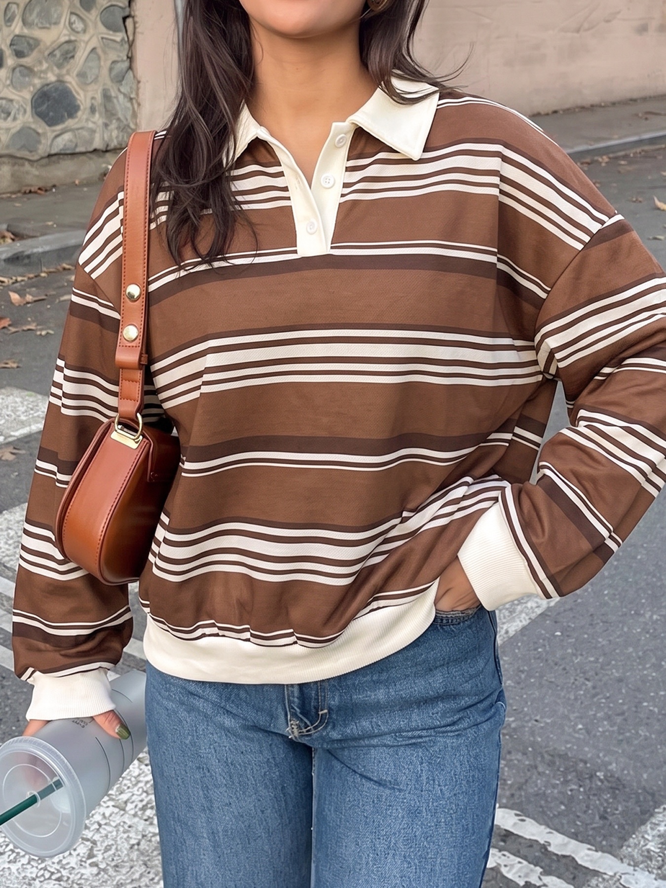 Brown Striped Polo Collar Sweatshirt