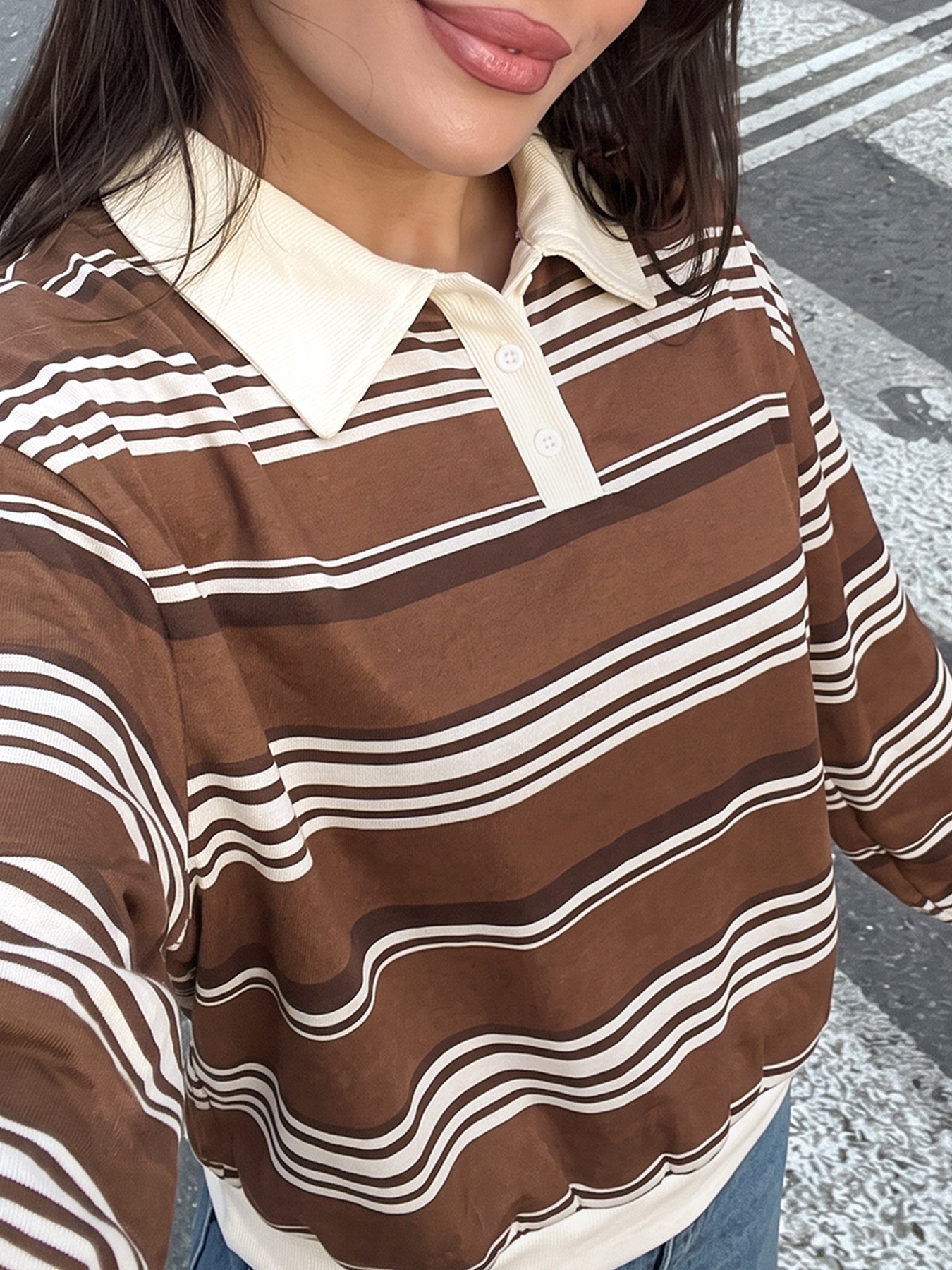 Brown Striped Polo Collar Sweatshirt