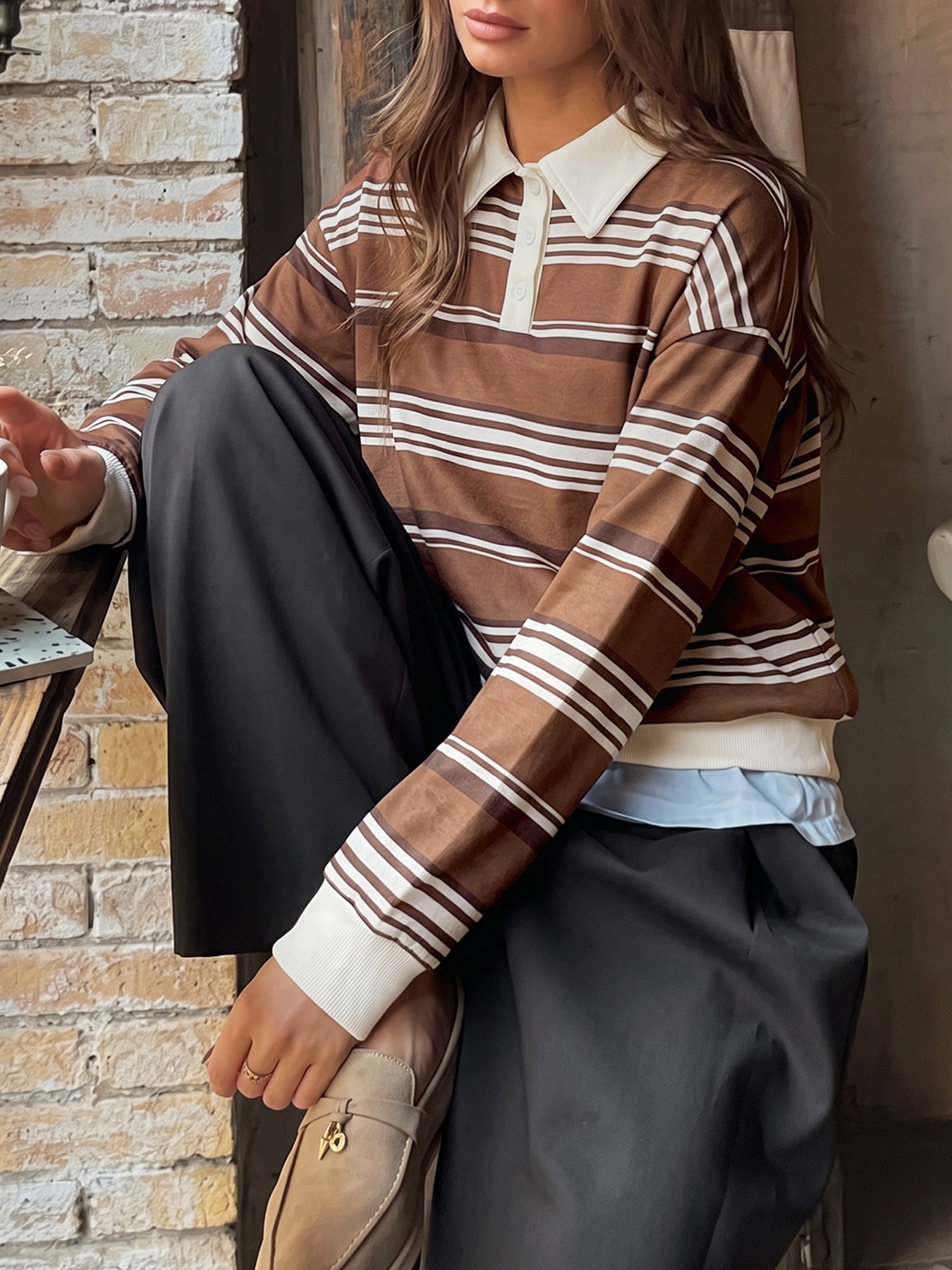 Brown Striped Polo Collar Sweatshirt