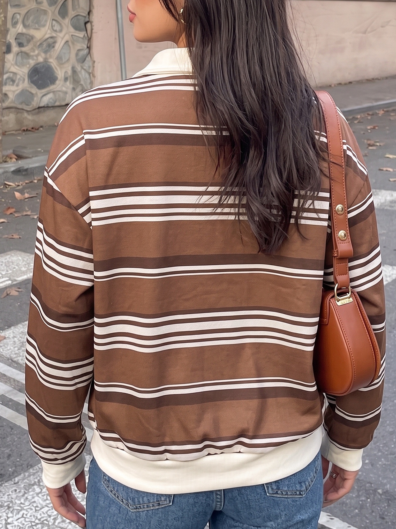 Brown Striped Polo Collar Sweatshirt