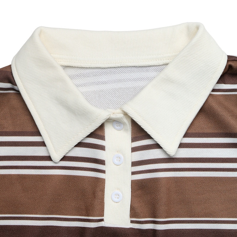 Brown Striped Polo Collar Sweatshirt