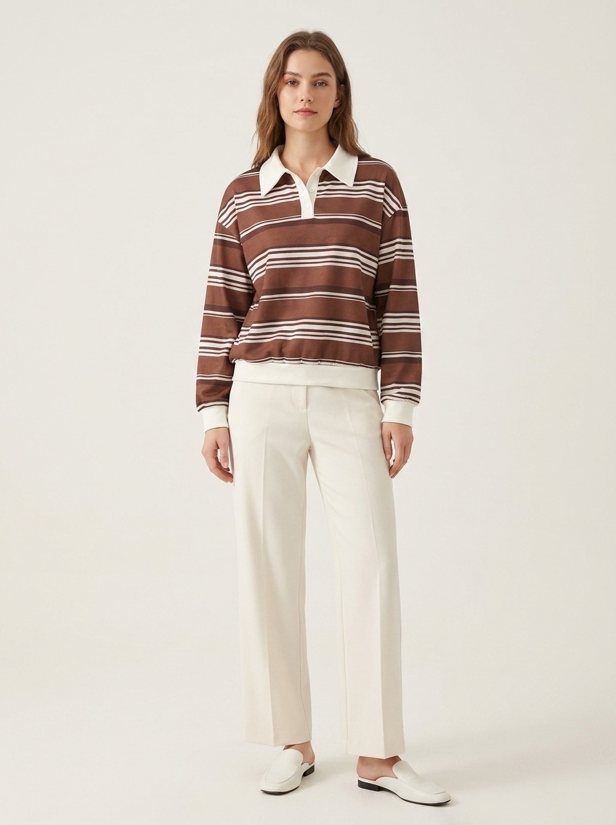 Brown Striped Polo Collar Sweatshirt