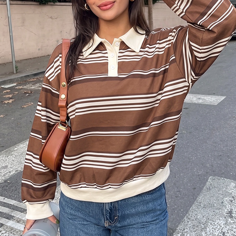 Brown Striped Polo Collar Sweatshirt