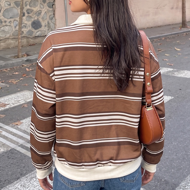 Brown Striped Polo Collar Sweatshirt