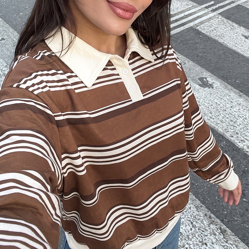 Brown Striped Polo Collar Sweatshirt