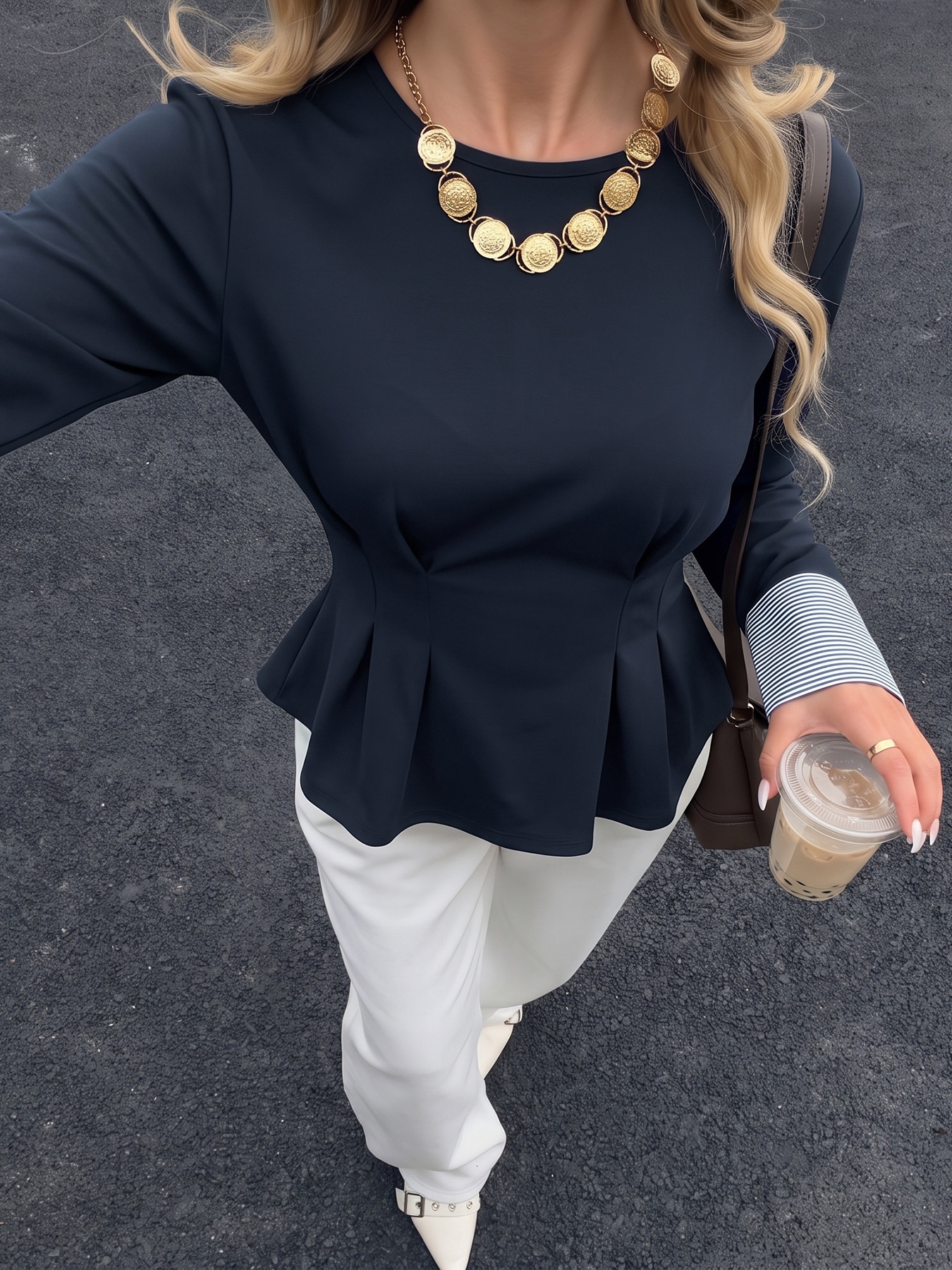 Women's Pleated Waist Long Sleeve Top with Cuffs