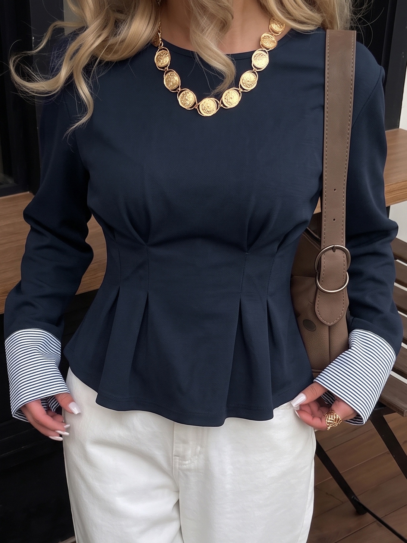 Women's Pleated Waist Long Sleeve Top with Cuffs