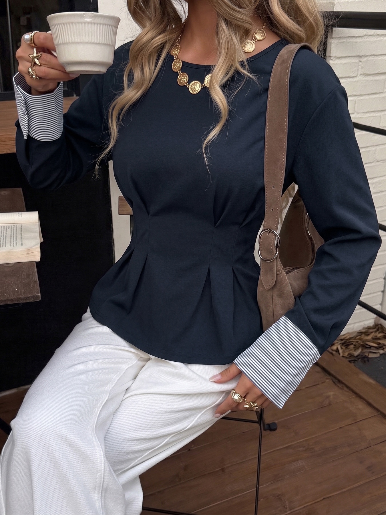 Women's Pleated Waist Long Sleeve Top with Cuffs