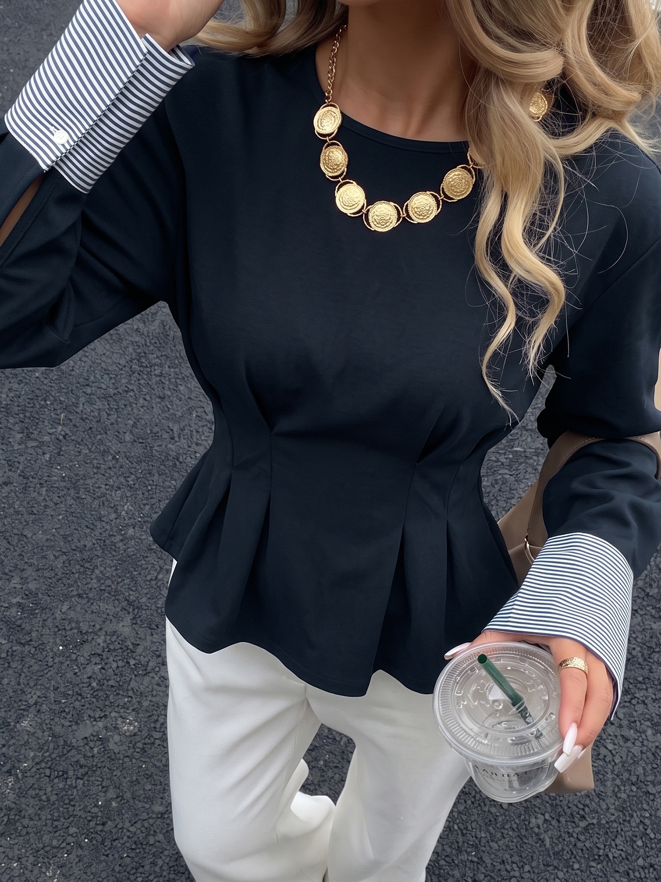 Women's Pleated Waist Long Sleeve Top with Cuffs