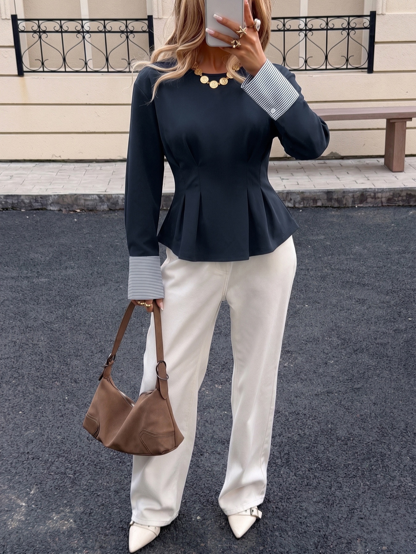 Women's Pleated Waist Long Sleeve Top with Cuffs