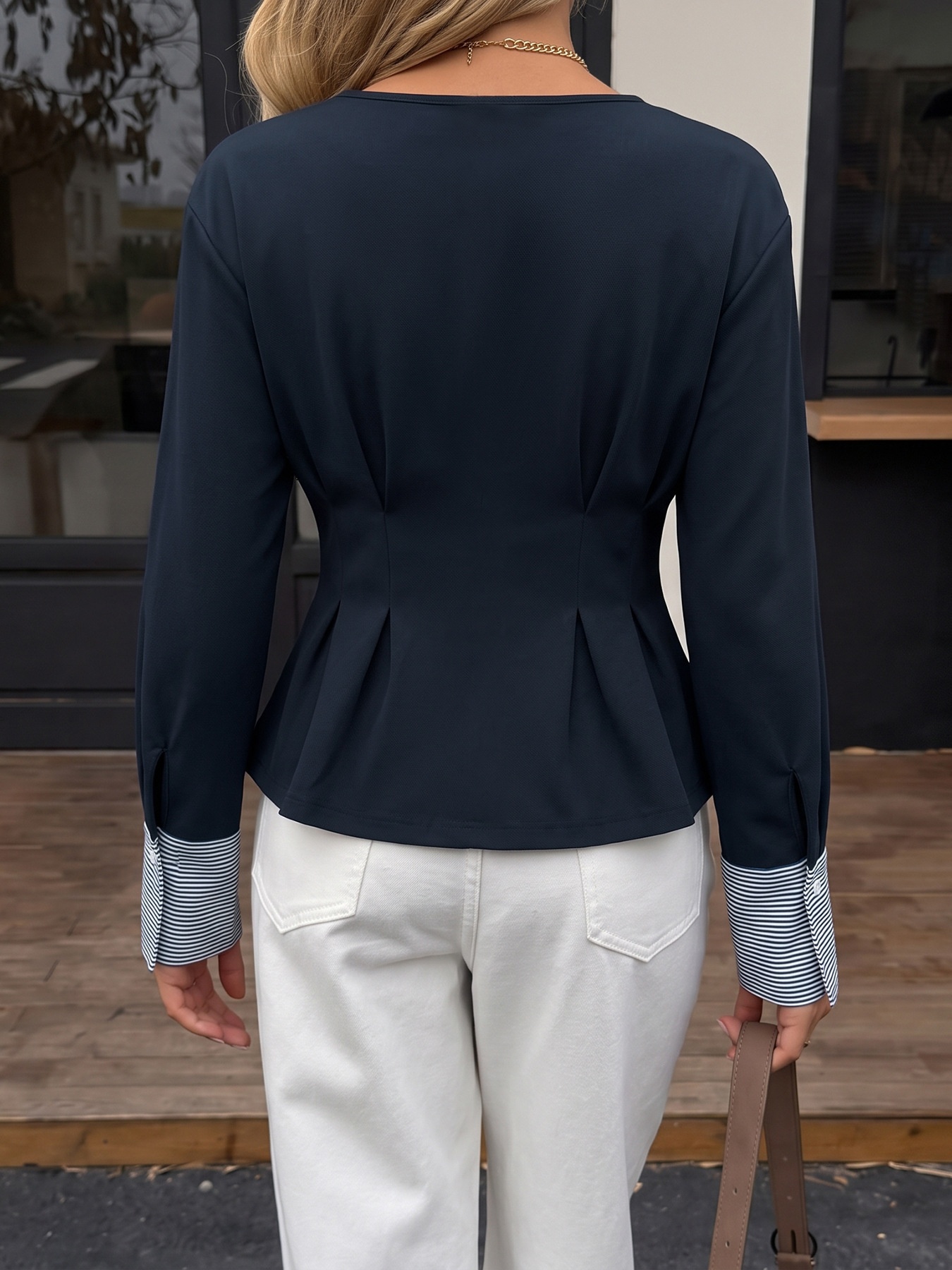 Women's Pleated Waist Long Sleeve Top with Cuffs