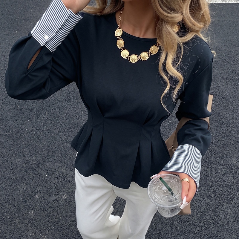Women's Pleated Waist Long Sleeve Top with Cuffs