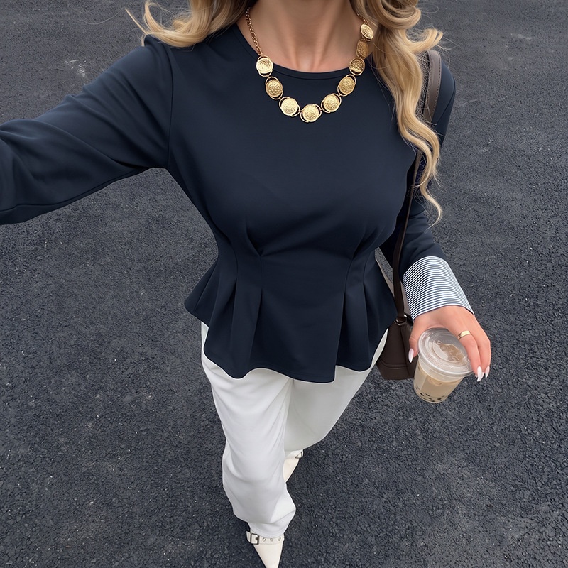 Women's Pleated Waist Long Sleeve Top with Cuffs