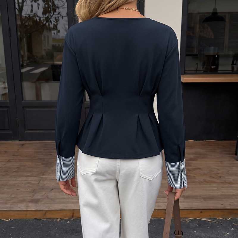 Women's Pleated Waist Long Sleeve Top with Cuffs