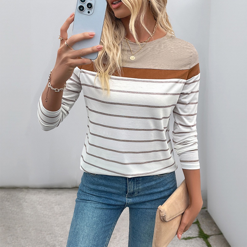 Top da donna a maniche lunghe a righe con blocchi di colore