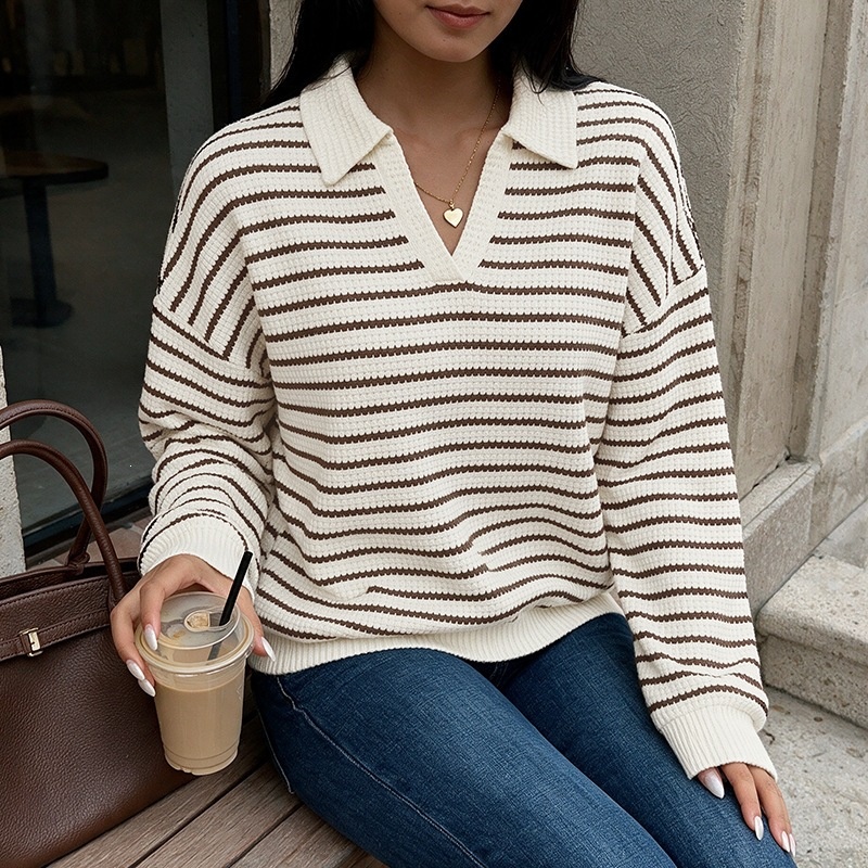 Striped Polo Collar Waffle Knit Sweater