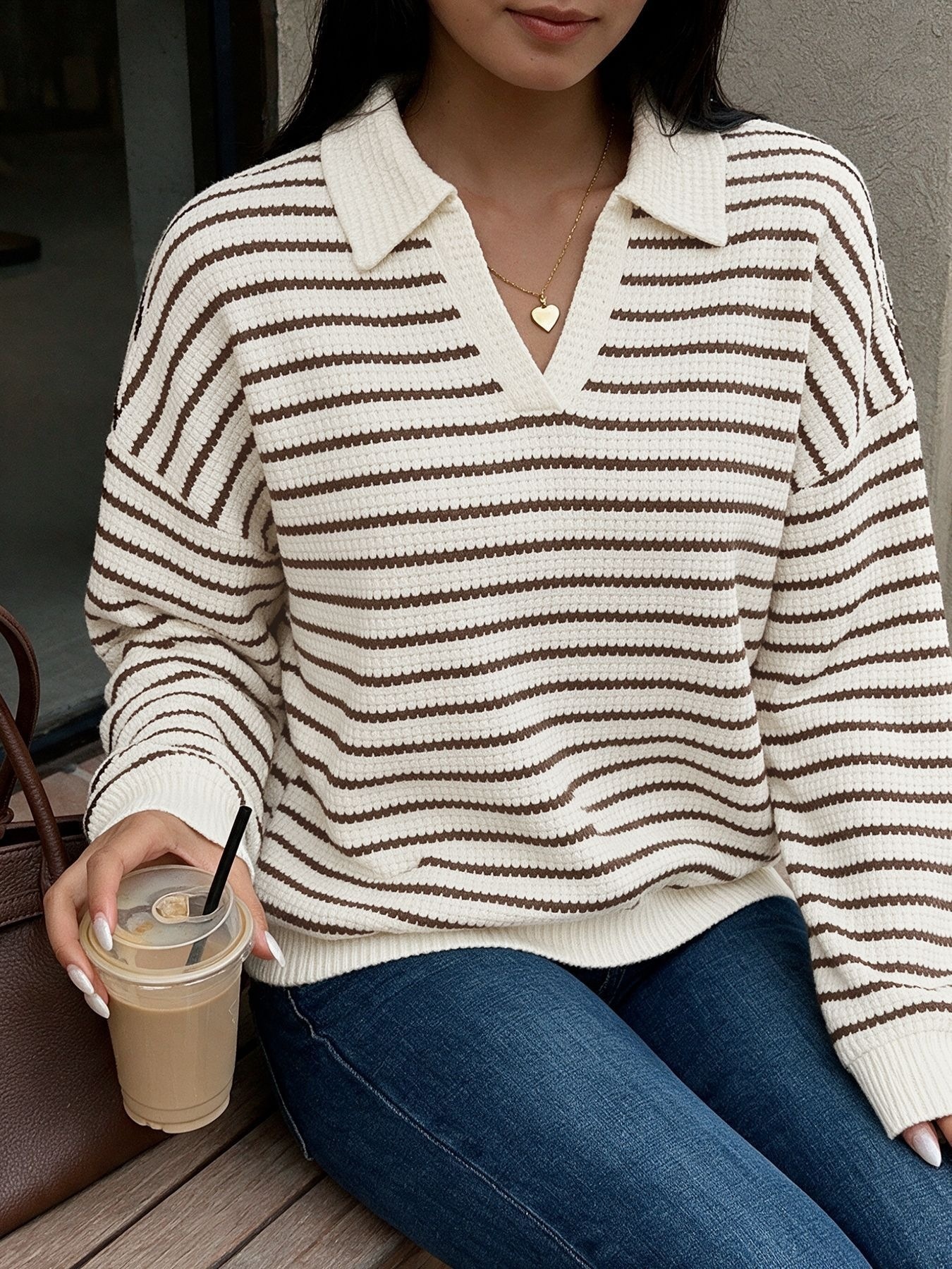 Striped Polo Collar Waffle Knit Sweater
