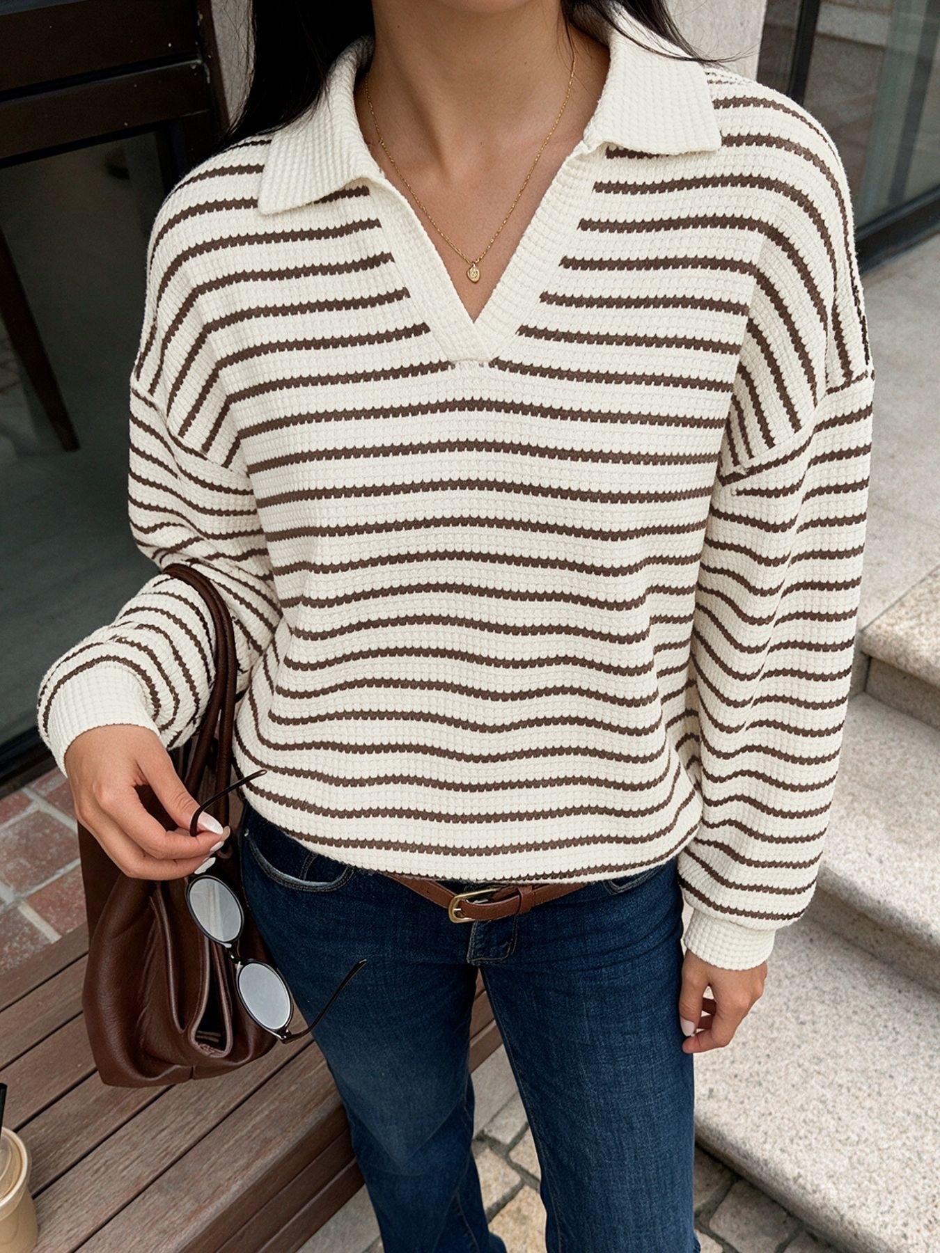 Striped Polo Collar Waffle Knit Sweater