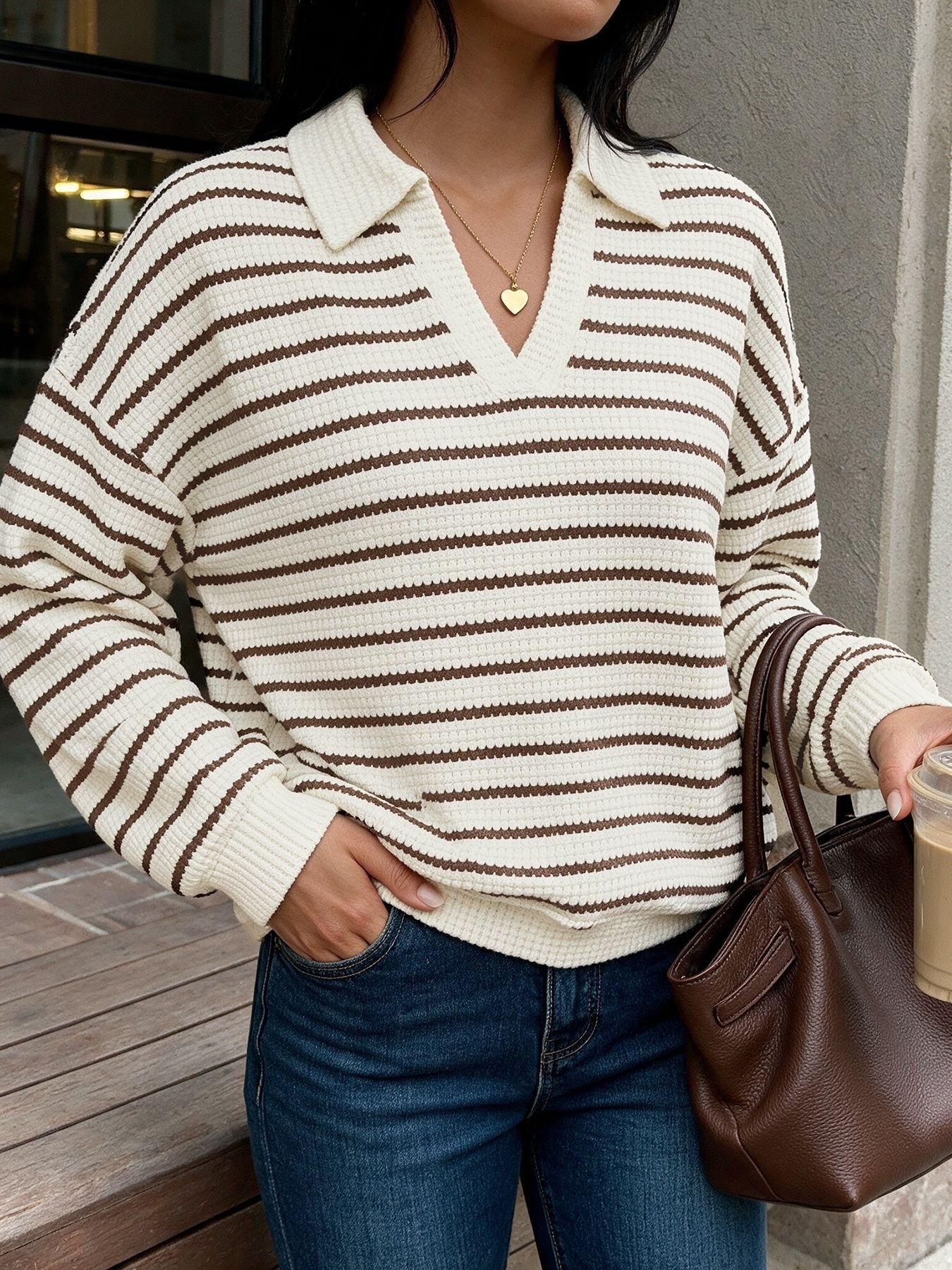 Striped Polo Collar Waffle Knit Sweater