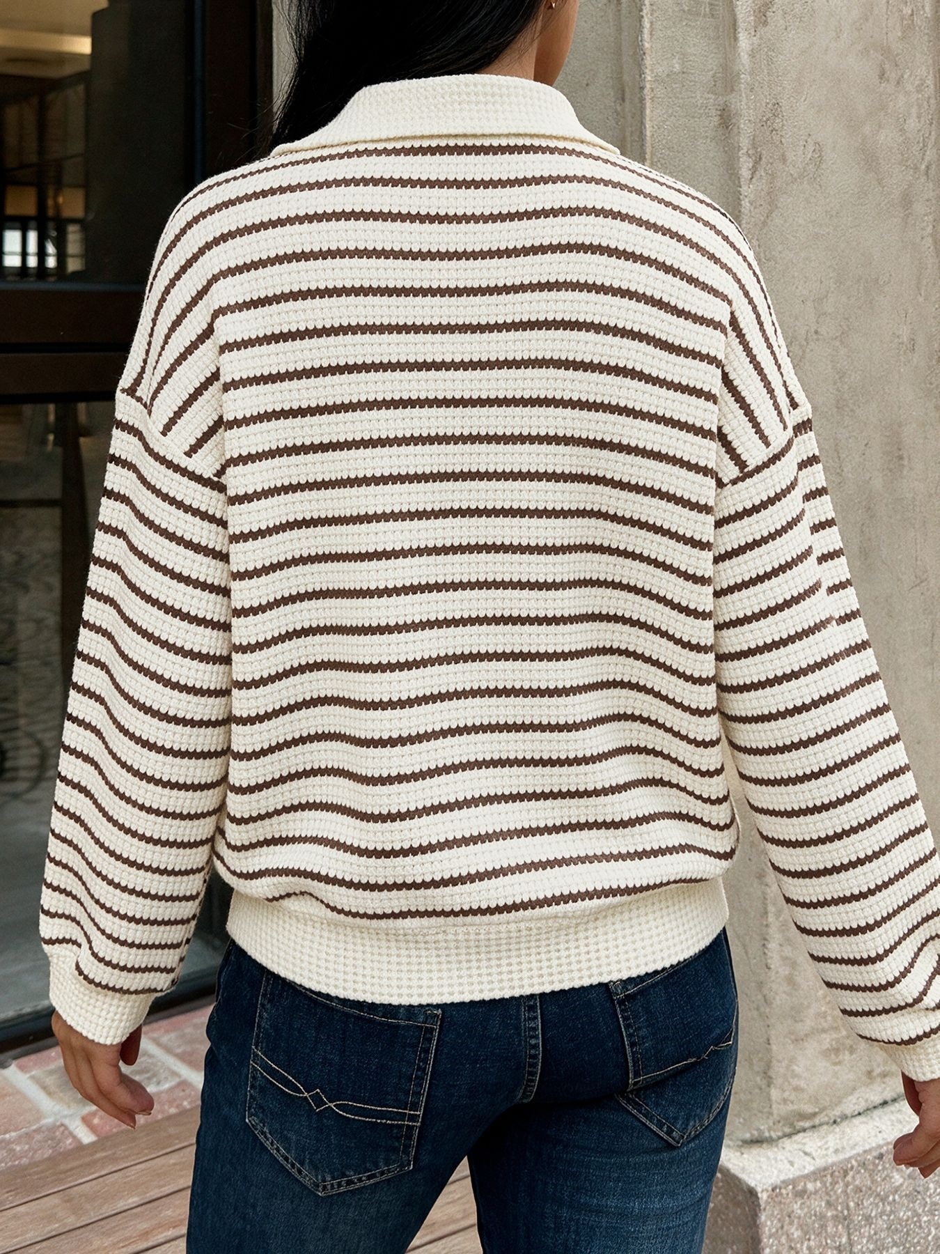 Striped Polo Collar Waffle Knit Sweater