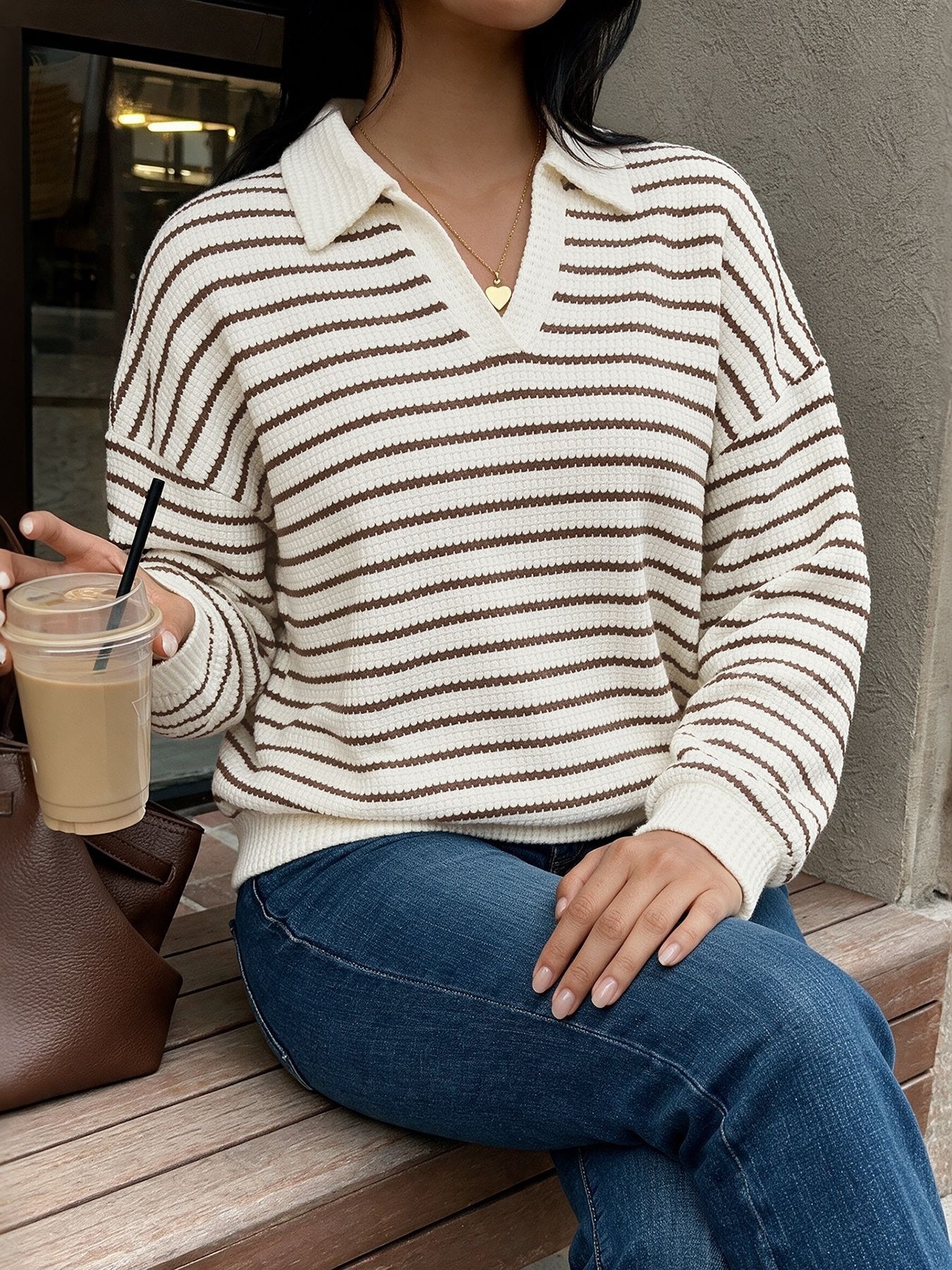 Striped Polo Collar Waffle Knit Sweater